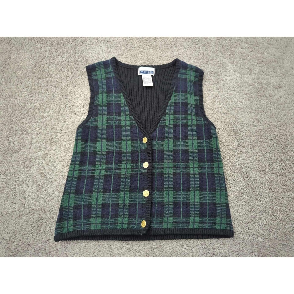 Prophecy Vest Sweater Womens M PETITES Green Plaid Button Up Made‎ in Hong Kong